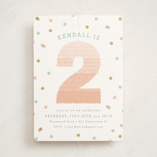 This is a blush kids birthday invitations with standard by Melissa Egan of Pistols called ombre pinata printing on signature in standard