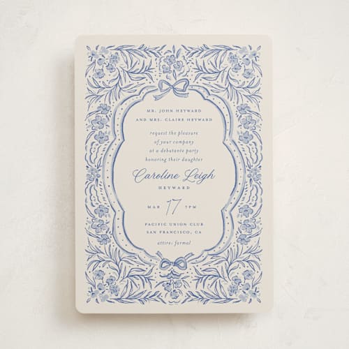 This is a indigo debutante party invitations with standard by Vera Lim called belle printing on signature in standard