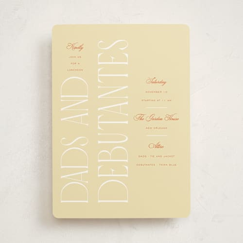 This is a marigold debutante party invitations with standard by Ashlee Townsend called dads and debutantes printing on signature in standard