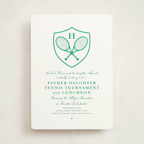 This is a grass debutante party invitations with standard by mo kelley called tennis crest printing on signature in standard