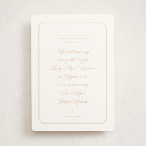 This is a peach debutante party invitations with standard by Blustery August called delicate printing on signature in standard