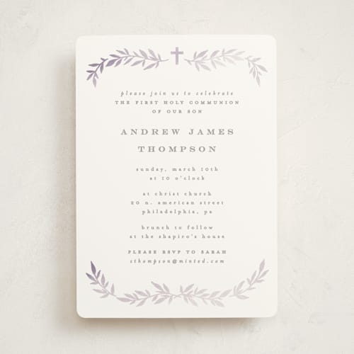 This is a lilac communion invitations announcements with standard by Everett Paper Goods called simple foliage printing on signature in standard