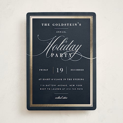 This is a midnight holiday party invitations with foil pressed by Jennifer Lew called refinement printing on signature in standard