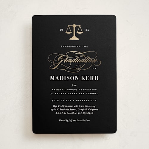 This is a ink graduation invitations with foil pressed by Jill Means called law degree printing on signature in standard