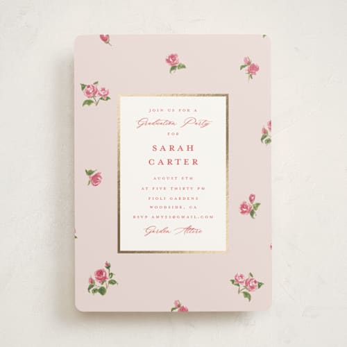 This is a blush graduation invitations with foil pressed by Teju Reval called romantic roses printing on signature in standard