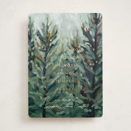 This is a forest business holiday cards with foil pressed by Holly Whitcomb called peaceful forest printing on signature in standard