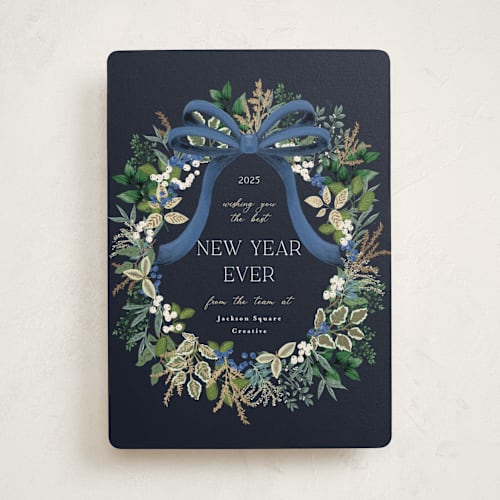 This is a blue spruce business holiday cards with foil pressed by Susan Moyal called holiday bow printing on signature in standard