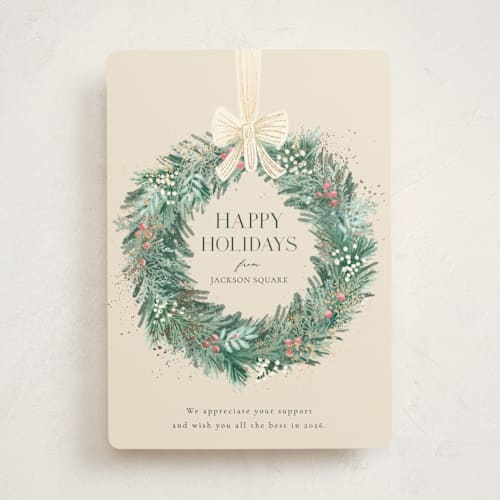 This is a vanilla business holiday cards with foil pressed by frau brandt called natural wreath printing on signature in standard
