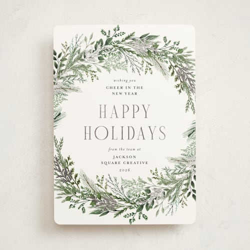 This is a pine needle business holiday cards with foil pressed by Susan Moyal called pine wreath printing on signature in standard