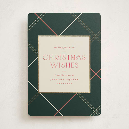 This is a evergreen business holiday cards with foil pressed by Carolyn Nicks called minimal plaid printing on signature in standard