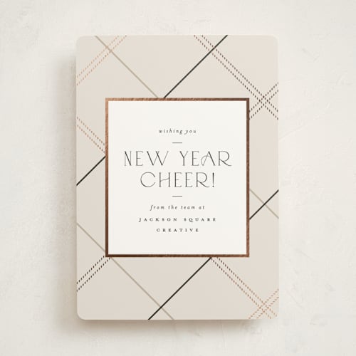 This is a latte business holiday cards with foil pressed by Carolyn Nicks called minimal plaid printing on signature in standard