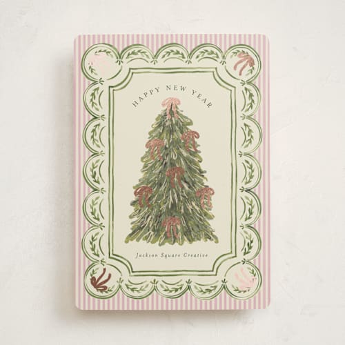 This is a peony business holiday cards with foil pressed by Chris Griffith called holiday bow tree printing on signature in standard