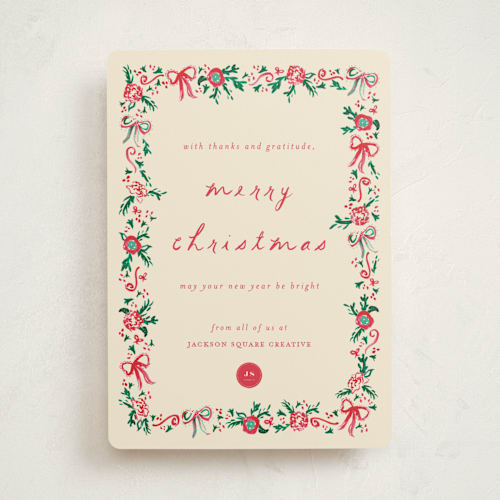 This is a ivory business holiday cards with standard by Sarah Rosenthal called decked in gratitude printing on signature in standard