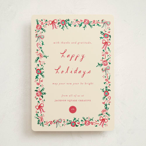 This is a ivory business holiday cards with standard by Sarah Rosenthal called decked in gratitude printing on signature in standard