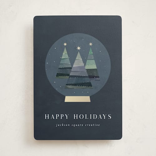 This is a midnight business holiday cards with standard by Lori Wemple called forest snowglobe printing on signature in standard
