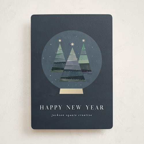 This is a midnight business holiday cards with standard by Lori Wemple called forest snowglobe printing on signature in standard