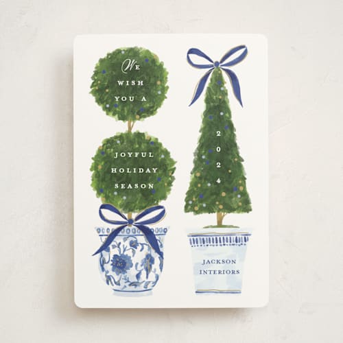 This is a harbor business holiday cards with standard by Susan Zinader called festive topiaries printing on signature in standard