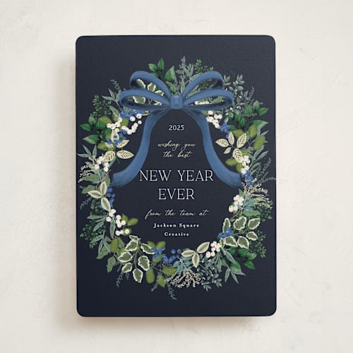 This is a blue spruce business holiday cards with standard by Susan Moyal called holiday bow printing on signature in standard
