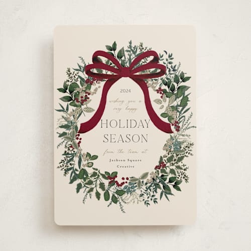 This is a cream business holiday cards with standard by Susan Moyal called holiday bow printing on signature in standard