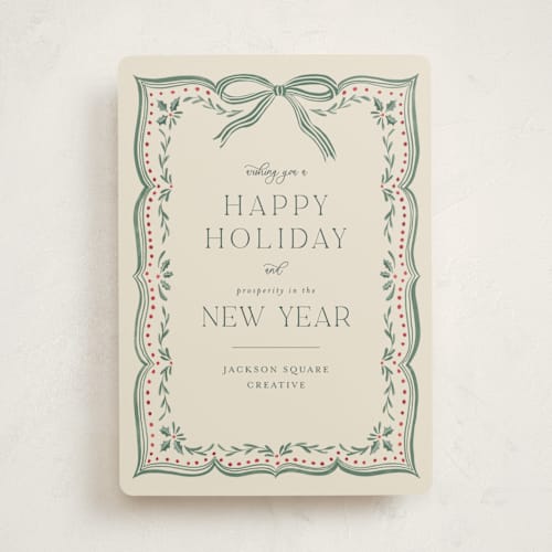 This is a emerald business holiday cards with standard by Chris Griffith called ribbon stripe holiday printing on signature in standard