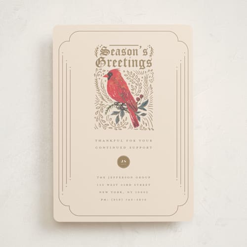 This is a eggnog business holiday cards with standard by Teju Reval called cardinal printing on signature in standard