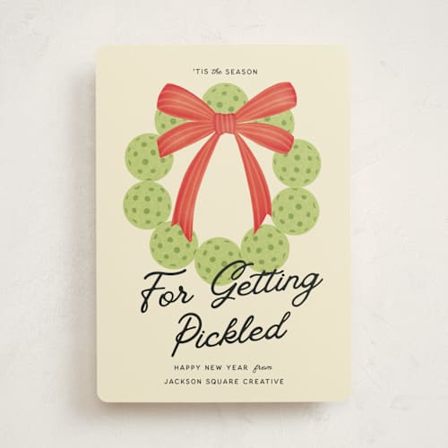 This is a dill business holiday cards with standard by Kamala Nahas called christmas pickle printing on signature in standard