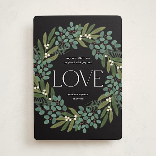This is a coal business holiday cards with standard by Brandy Folse called winter foliage wreath printing on signature in standard