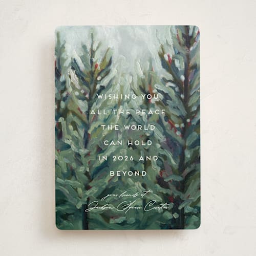 This is a forest business holiday cards with standard by Holly Whitcomb called peaceful forest printing on signature in standard