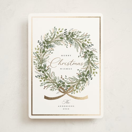 This is a pine foil pressed holiday cards with foil pressed by Susan Moyal called christmas bow printing on signature in standard