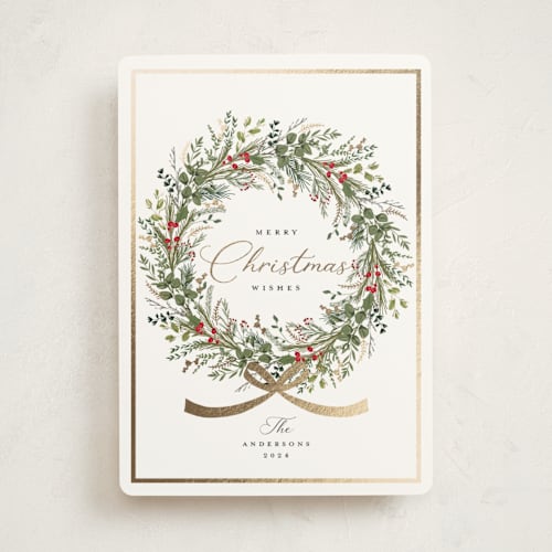 This is a peppermint foil pressed holiday cards with foil pressed by Susan Moyal called christmas bow printing on signature in standard