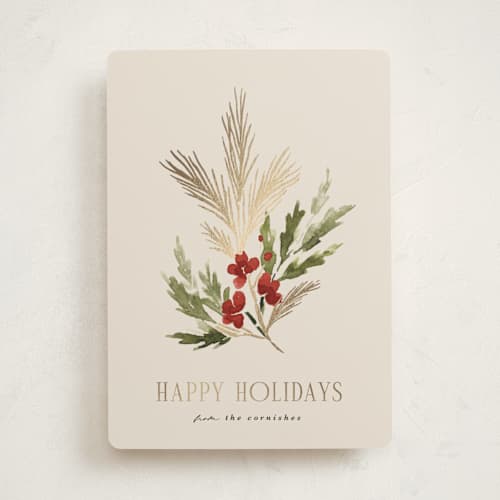 This is a toasted almond foil pressed holiday cards with foil pressed by Kate Ahn called simple sprig printing on signature in standard