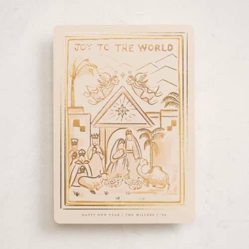 This is a honey foil pressed holiday cards with foil pressed by Teju Reval called nativity scene printing on signature in standard