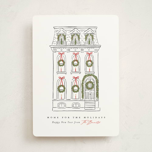 This is a snowfall non photo holiday cards with standard by Susan Zinader called home for the holidays printing on signature in standard
