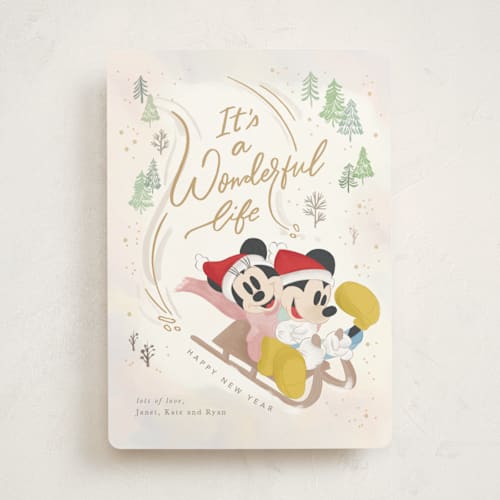 This is a eggnog non photo holiday cards with standard by Creo Study called disney's mickey and minnie sledding fun printing on signature in standard