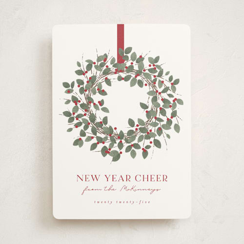 This is a holly non photo holiday cards with standard by Kacey Kendrick Wagner called classic wreath printing on signature in standard