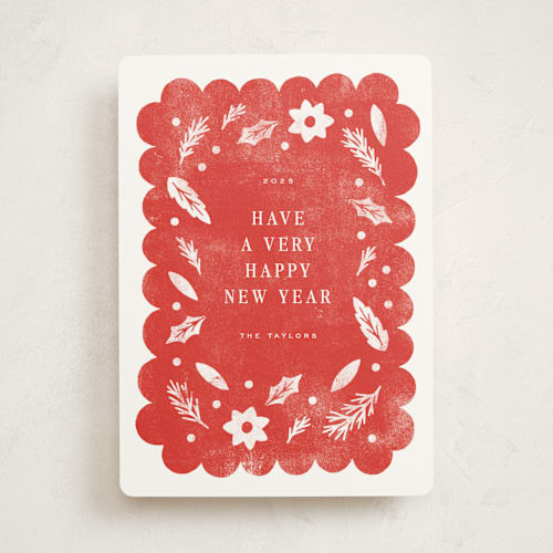This is a berry non photo holiday cards with standard by Michelle Taylor called scattered winter printing on signature in standard