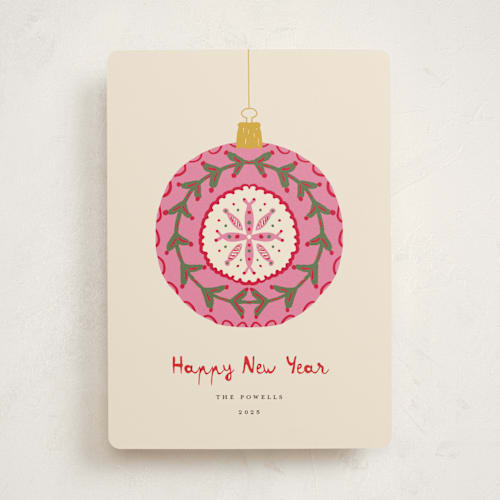 This is a vanilla non photo holiday cards with standard by Erika Firm called vintage christmas ornament printing on signature in standard