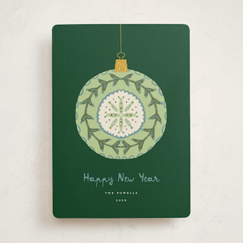 This is a pine non photo holiday cards with standard by Erika Firm called vintage christmas ornament printing on signature in standard