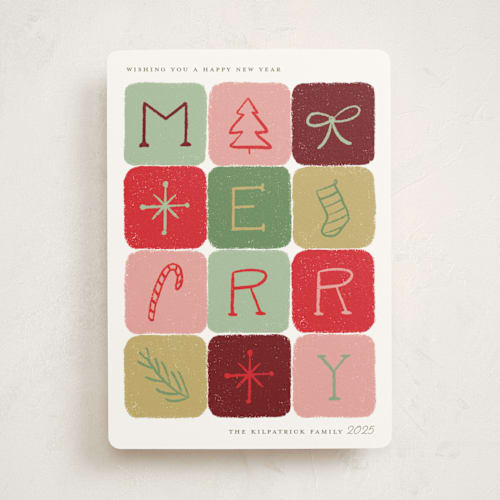This is a candied apple non photo holiday cards with standard by Kat Roberts called merry colorblock printing on signature in standard