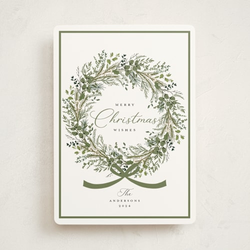 This is a pine non photo holiday cards with standard by Susan Moyal called christmas bow printing on signature in standard