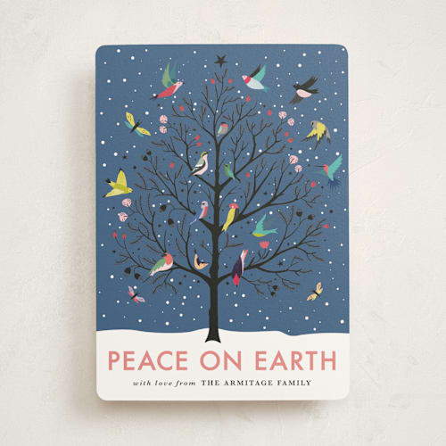 This is a winter dusk non photo holiday cards with standard by Eve Schultz called peace on earth printing on signature in standard