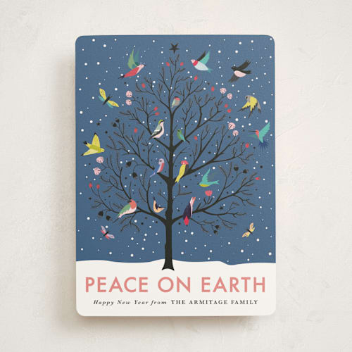 This is a winter dusk non photo holiday cards with standard by Eve Schultz called peace on earth printing on signature in standard