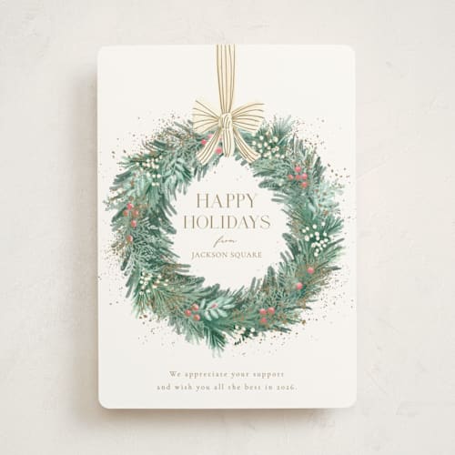 This is a snowflake non photo holiday cards with standard by frau brandt called natural wreath printing on signature in standard