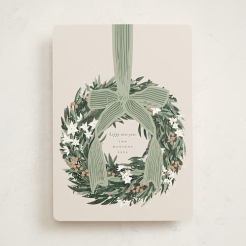 This is a sage non photo holiday cards with standard by Leah Bisch called big bow printing on signature in standard