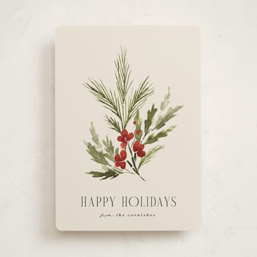 This is a toasted almond non photo holiday cards with standard by Kate Ahn called simple sprig printing on signature in standard