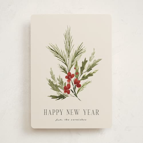 This is a toasted almond non photo holiday cards with standard by Kate Ahn called simple sprig printing on signature in standard