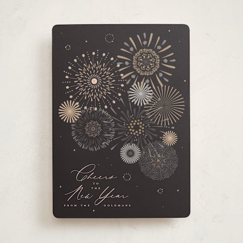 This is a midnight non photo holiday cards with standard by Kamala Nahas called fancy fireworks printing on signature in standard