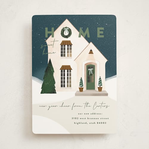 This is a olive wreath non photo holiday cards with standard by Julie Murray called new place printing on signature in standard