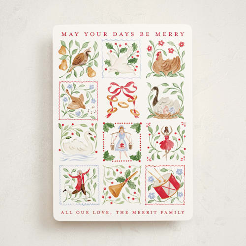 This is a cranberry non photo holiday cards with standard by Sarah Knight called 12 days of christmas stamps printing on signature in standard