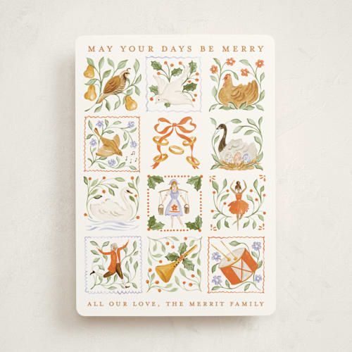 This is a rings non photo holiday cards with standard by Sarah Knight called 12 days of christmas stamps printing on signature in standard